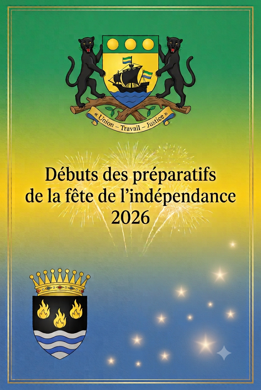 Affiche officielle des débuts des préparatifs de la fête de l'Indépendance du Gabon 2026, armoiries du Gabon et blason de l'Ogooué-Maritime